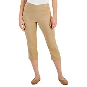 JM Collection NEW Women's  L Tan Rivet Comfort Waistband Tummy‎ Control Capris